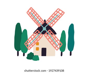 Old windmill among trees. Holland farm tower of wind mill with propeller. Hand-drawn colored flat vector illustration isolated on white background