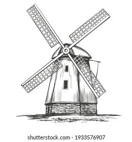 old windmill, architectural vintage building hand drawn vector illustration realistic sketch