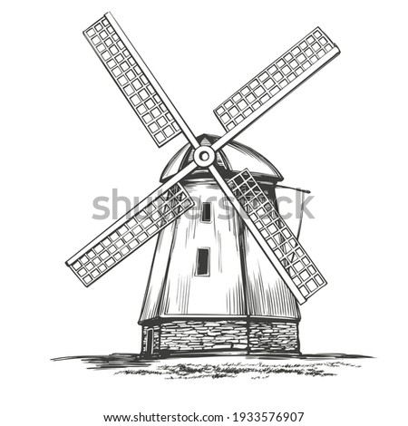 old windmill, architectural vintage building hand drawn vector illustration realistic sketch