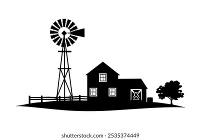 Old Windmill with Farmhouse Silhouette Vector Clipart