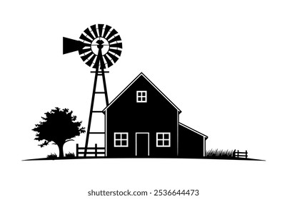 Old Windmill with Farmhouse Silhouette Vector Clipart