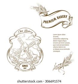 Old windmill, handdrawn sketch vector illustration isolated on white background. Design for bakery label in vintage style.