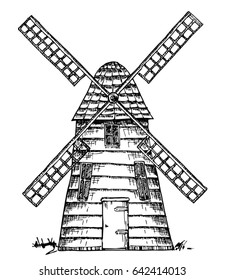 Old windmill isolated. Hand drawn illustration of a mill. Sketch with ink.