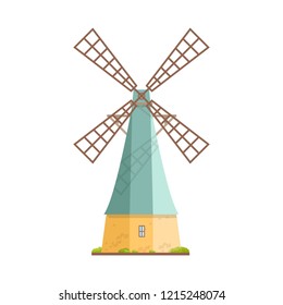 Old windmill isolated on white background.  Dutch smock or tower mill. Agricultural construction with rotating mechanism. Countryside building. Colorful vector illustration in flat cartoon style.