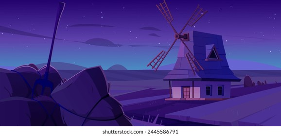 Old windmill in night summer field. Vector cartoon illustration of rural scenery with wheat farmland, blades on roof of house, haystack with pitchfork, stars glowing in dark sky, farming game backdrop