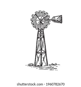 Old Windmill. Sketch. Engraving Style. Vector Illustration.