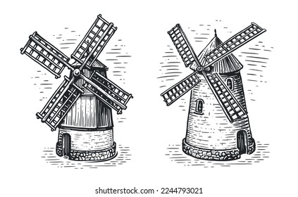 Old windmill in sketch style. Farm, agriculture concept. Engraved vector illustration