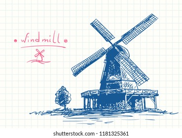 Old windmill and small tree, Blue pen sketch on square grid diary page, Hand drawn vector illustration