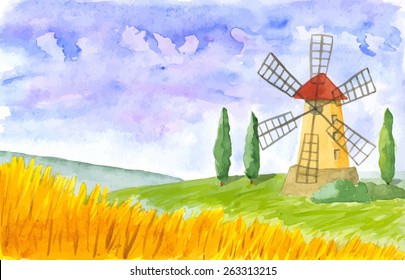 Old windmill. Watercolor. Vector