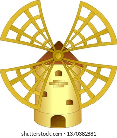 old windmill with wide blades and brown roof