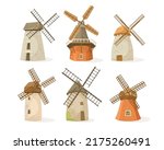 Old windmills as landscape elements vector illustrations set. Cartoon drawings of stone and wooden tower mills isolated on white background. Agriculture, farming, architecture, Holland concept