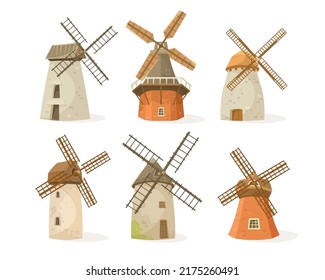 Old windmills as landscape elements vector illustrations set. Cartoon drawings of stone and wooden tower mills isolated on white background. Agriculture, farming, architecture, Holland concept