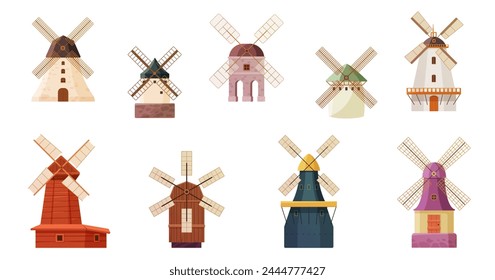 Old windmills set. Vintage stone and wooden wind mills of farm countryside landscape of Netherlands or Holland, Dutch towers with fan for grinding wheat grains to flour cartoon vector illustration