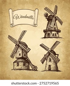 Old windmills. Tower mills and post mill. Ink sketch on old paper background. Hand-drawn vintage engraving illustration.
