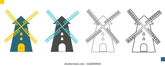 Old windmills. Vintage stone wind mills. Traditional dutch farm building for grinding wheat grains to flour. Set of countryside architecture isolated on white background