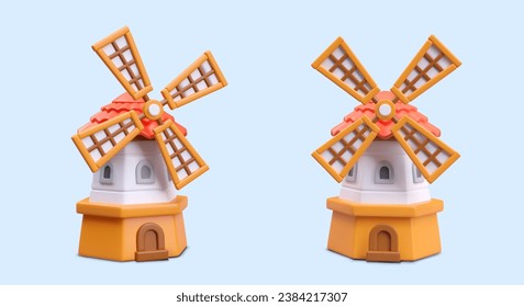 Viejos molinos de viento, molinos de madera añejos en diferentes posiciones. Edificios agrícolas holandeses tradicionales de fondo azul. Grinando granos de trigo al concepto de harina. Ilustración vectorial en estilo 3d