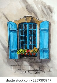 Old window with blue shutters and flowers on windowsill in clay pots. Watercolor sketch hand drawn illustration. Blue vintage window of house somewhere in European town. Vector sketch drawing