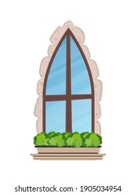 Old window with flowers and stone cladding. Cartoon style. Vector illustration.