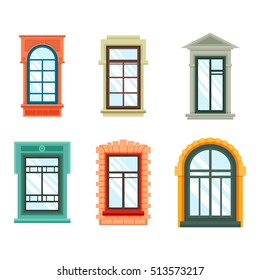 Old window frames view isolated on house wall. White wood or wooden detailed window with curtains isolated icons. Plastic windowpane architecture design, outdoor view