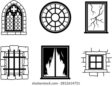 Old window, gate, broken glass, gothic frame silhouettes. Spooky building elements.