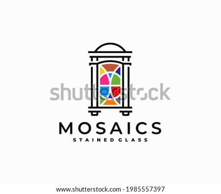 Old window mosaics logo design. Stained glass window vector design. Antique window frame logotype