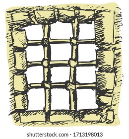 Old window with rusty lattice in jail. Hand drawn, vector, sketch image on white. Motives of crime, punishment and freedom