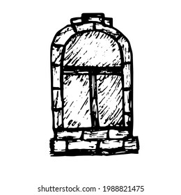 Vieja ventana, ventana de arco de piedra. Ilustración vectorial dibujada a mano. dibujo de lápiz de tinta, objeto único, negro aislado sobre fondo blanco