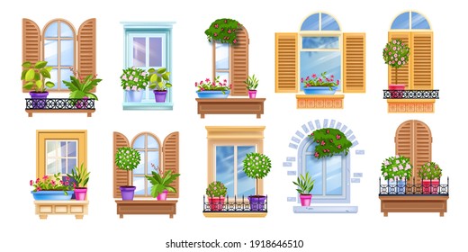 Old window vintage house collection, glass, frames, balconies, flowerpots, shutters, home plants. Architecture town exterior facades retro elements isolated on white. Open, closed vintage window set