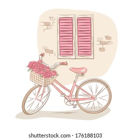 Old windows and bicycle with a basket of flowers . Vector illustration