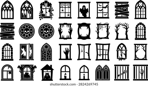 Old windows, creepy doors, broken glass, bats, spiders, ghost icons.
