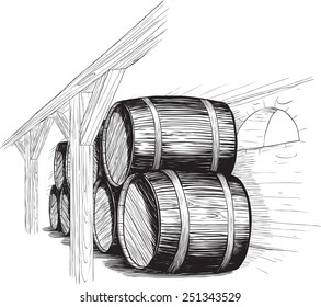 old wine cellar with rows of barrels. like woodcut technique