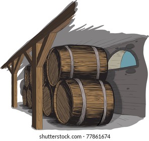 old wine cellar with rows of barrels
