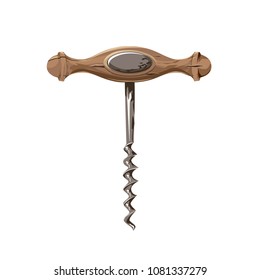 Old wine corkscrew with a wooden handle. Realistic vector illustration.