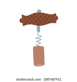 Old wine corkscrew with a wooden handle and cork. Flat hand drawn vector illustration.