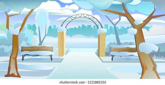 Old Winter park with a fence. A beautiful natural place to stay. Large trees and paths with sidewalks. Snow drifts landscape. Entrance and wooden benches. Against background of city. Vector.