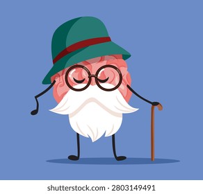 Old Wise Brain Cartoon Character Concept. Funny vector illustration of an elderly smart organ walking with a cane