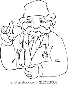 Old wise doctor gives advice and warns for health care. Medical professional with kind face. Hand drawn retro vintage illustration. Old style line drawing.