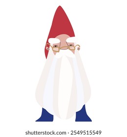 An old wise dwarf wizard in crooked glasses with a long gray beard, lush gray eyebrows in a pointed red cap. Vector illustration for packaging, greeting cards and wrapping paper, gifts, posters.