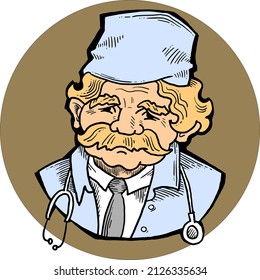 Old wise family doctor advicing for health care. Medical professional with kind face. Hand drawn retro vintage colorfool cartoon vector illustration. Old style drawing.