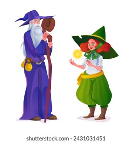 Old wise male druid in purple hood and hat with long grey beard and wood staff standing with young red hair elf in green costume with glowing magic ball in hands. Cartoon vector game ui characters.