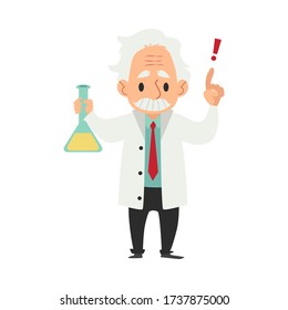Ein alter weiser Mann mit Schnurrbart, Wissenschaftler oder Chemiker führt ein wissenschaftliches Experiment oder einen Test mit einem Kolben durch. Cartoon Charakterwissenschaftler und Professor. Flachvektor isolierte Abbildung.