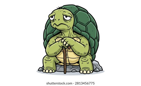 Old wise turtle leaning on a wooden walking stick with tortoise, character