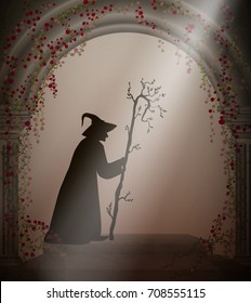 old witch  in the old abandoned castle with red roses liana, Halloween character, halloween background,  fairy characters, vector