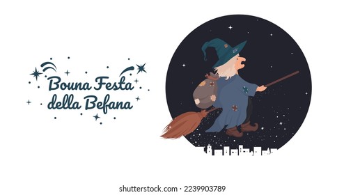 Old Witch Befana tradition Christmas Epiphany character in Italy flying on broomstick under city. Bouna festa della befana greeting card, template