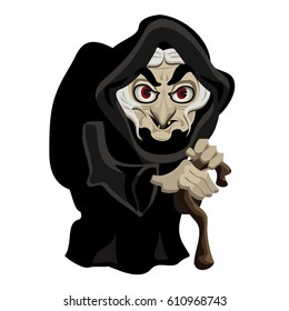 Old witch in black cloak, cartoon character, vector