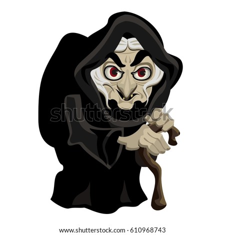Old witch in black cloak, cartoon character, vector Old witch in black cloak, cartoon character, vector