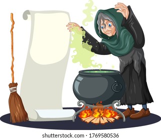 Old witch with black magic pot and broomstick and blank banner paper cartoon style isolated on white background illustration