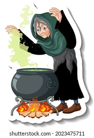 Old witch brewing potion pot cartoon character sticker illustration