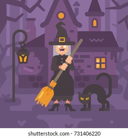 Old witch with a broom and a black cat standing near her hut in a dark forest at night. Trick or treat. Halloween character flat illustration