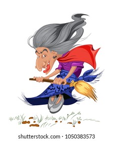 Old witch with a broom. Cartoon character russian style Vector